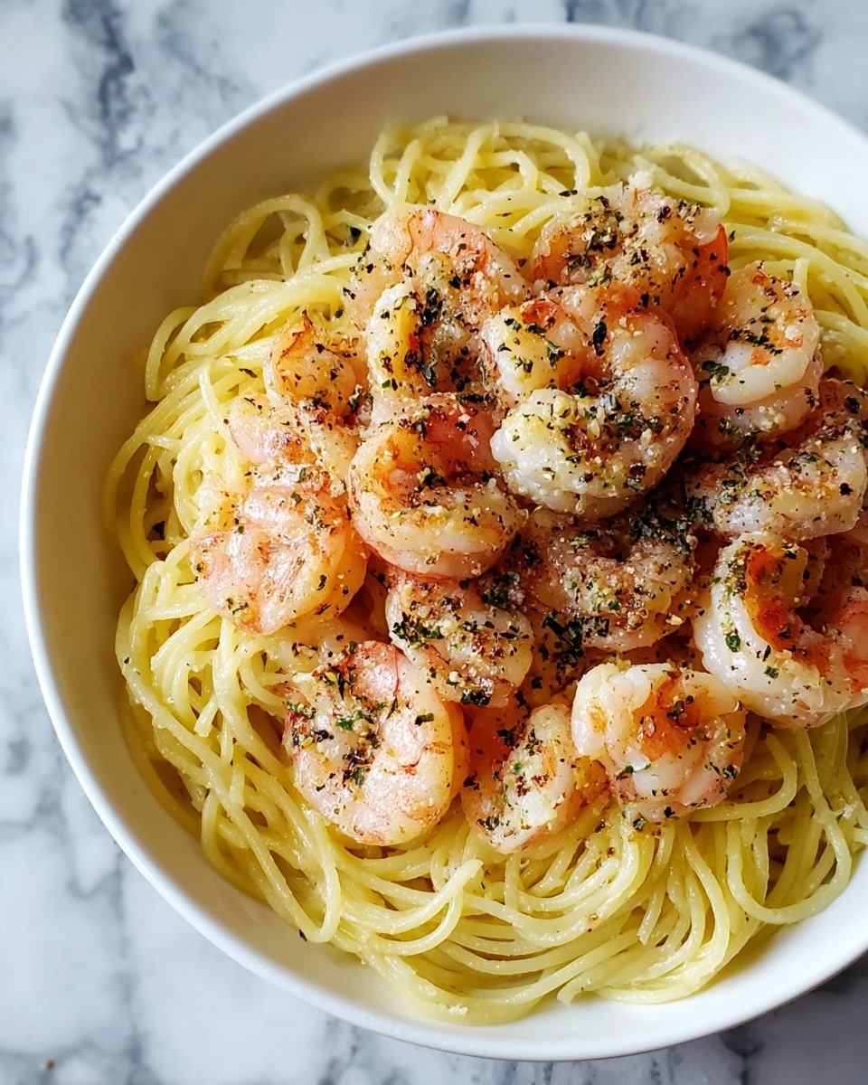 A white plate holds a bed of light yellow spaghetti noodles, seasoned with black pepper and small green herb bits. On top, there are several shrimp with a golden-brown grilled texture, sprinkled with red chili flakes and green herbs. The shrimp are stacked closely together, showing a slightly shiny, cooked surface with bits of seasoning spread evenly. The plate is set on a white marbled texture surface. photo taken with an iphone --ar 4:5 --v 7