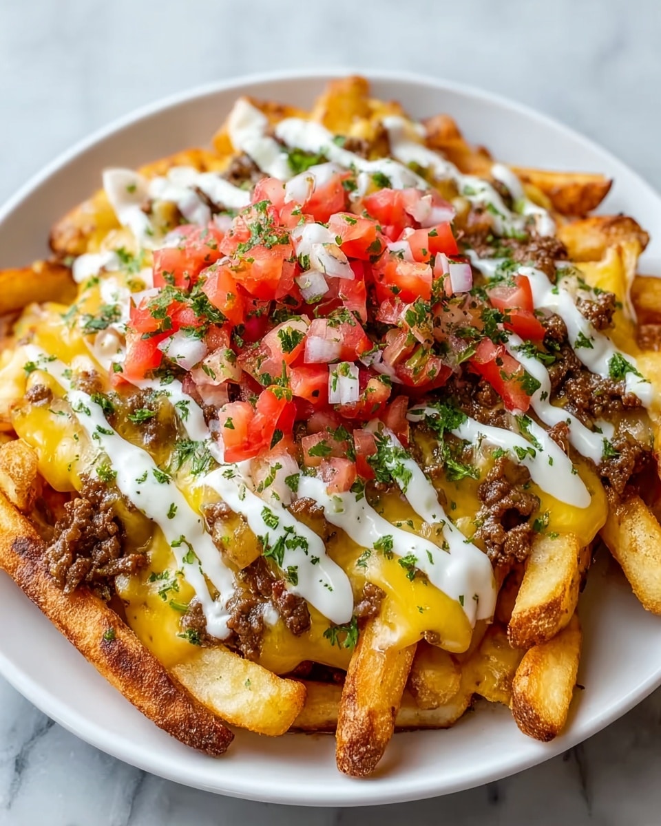 A white plate holds a mound of golden-brown crispy fries as the bottom layer, topped with melted yellow cheddar cheese that drapes over the fries. Over the cheese, there is a layer of cooked ground beef with a brown color and crumbly texture. White creamy sauce is drizzled on top in thin stripes, covering the beef and cheese. The finishing layer consists of finely chopped red tomatoes mixed with small pieces of green herbs scattered evenly on the top. The plate sits on a white marbled surface. photo taken with an iphone --ar 4:5 --v 7