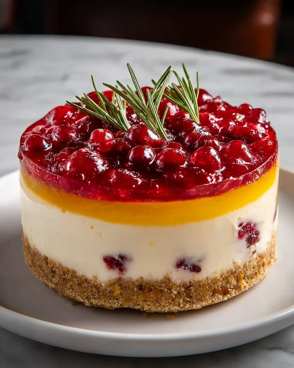 A small round dessert with three distinct layers sits on a white plate placed on a white marbled surface. The bottom layer is a crumbly light golden-brown crust, slightly uneven and textured. Above that is a thick, smooth pale yellow layer that looks creamy and firm. The top layer is a shiny, bright red jelly with whole, glossy strawberries embedded in it and fresh green rosemary sprigs scattered on top. The dessert is lit naturally, highlighting the glossiness of the strawberries and jelly. photo taken with an iphone --ar 4:5 --v 7