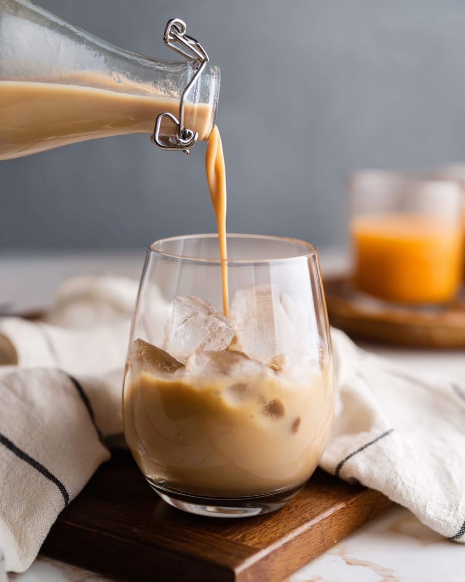 A clear glass is filled with ice cubes inside, showing a light brown creamy liquid being poured into it from a clear glass bottle with a silver clasp. The liquid creates a smooth flowing motion as it hits the ice, causing gentle froth at the top. The glass sits on a small wooden board over a white marbled surface, and a white cloth with black stripes is draped nearby. In the blurred background, there is a glass cup with an orange liquid on a wooden tray. photo taken with an iphone --ar 4:5 --v 7