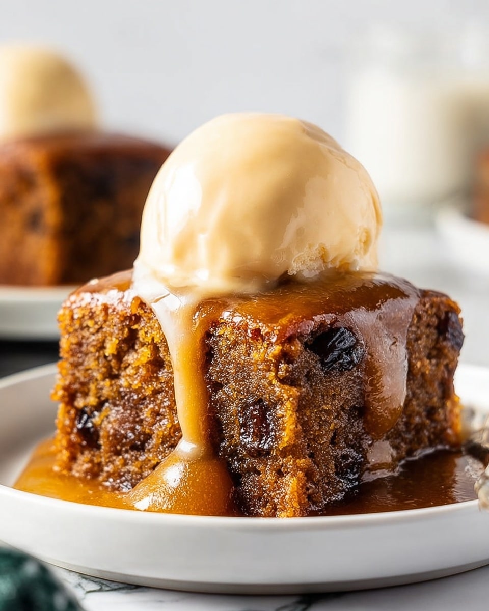 A close-up of one square piece of moist brown sticky cake with visible dark raisins and a shiny caramel sauce drizzling down its sides, topped with a smooth, round scoop of pale beige ice cream melting slightly over the warm cake, all served on a white plate placed on a white marbled surface, with a blurred second cake piece in the background. Photo taken with an iphone --ar 4:5 --v 7