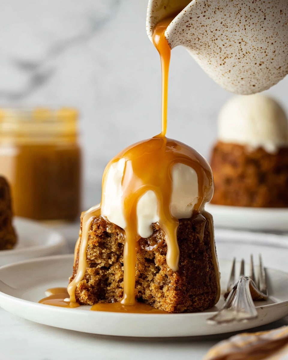 A close-up shot of a single serving of moist brown cake with a rough texture sits on a white plate. The cake is topped with a scoop of creamy white ice cream that softly drips down its sides. A shiny, smooth caramel sauce with a rich golden-brown color is being poured from a speckled, off-white ceramic pitcher, flowing in a thin stream and covering the ice cream and part of the cake. In the blurred background, there is another similar cake and a jar with a golden sauce, all set against a white marbled textured surface. Photo taken with an iphone --ar 4:5 --v 7