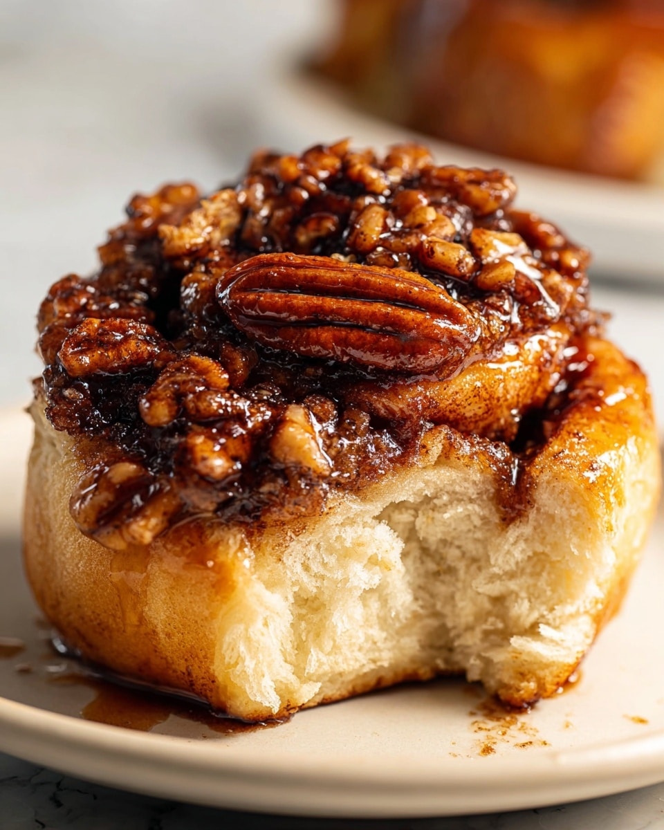 The image shows a close-up of a sticky pecan dessert with a thick, gooey caramel glaze covering the pecans that are clustered together on top. The top layer consists of glossy, dark brown pecans that appear crunchy and shiny from the caramel sauce. Below the pecans is a soft, light golden bread layer with a fluffy, airy texture, visible where a piece has been eaten. The dessert rests on white parchment paper, set on a white marbled surface that reflects some of the caramel sauce pooling at the bottom edges. Photo taken with an iphone --ar 4:5 --v 7