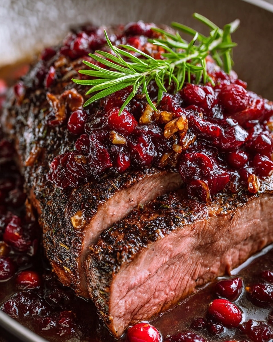 A close-up of a thick piece of roast beef with a dark, herb-crusted outer layer, sliced to show a tender pink interior. The beef is topped with a glossy, chunky berry sauce made of deep red cranberries and small pieces of nuts, with a few whole cranberries around it. A bright green sprig of fresh rosemary rests on top, adding color contrast. The dish is set in a white marbled textured pan or dish which holds the sauce and juices around the meat. photo taken with an iphone --ar 4:5 --v 7