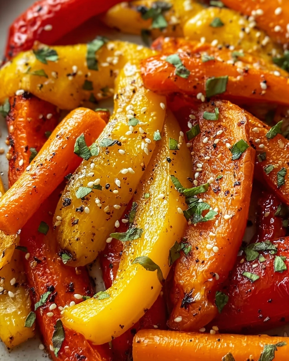 A close-up view of roasted pepper strips in red, orange, and yellow arranged in a single layer inside a white bowl. Each pepper strip shows a slightly charred texture with a glossy finish from oil, sprinkled with white sesame seeds and small green herb bits. The peppers have a soft, cooked appearance with some darker grill marks visible, creating a rich color contrast. The bowl sits on a white marbled surface. The photo taken with an iphone --ar 4:5 --v 7