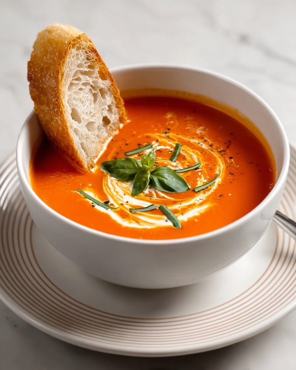 A white bowl filled with smooth, bright orange tomato soup, topped with a swirl of white cream and thin green herb strips in the center. A fresh deep green basil leaf rests on top of the cream design. A thick slice of crusty, golden-brown bread is placed upright on one side inside the bowl, partially submerged. The bowl sits on a white plate with a simple, concentric ring pattern, all set on a white marbled surface. photo taken with an iphone --ar 4:5 --v 7