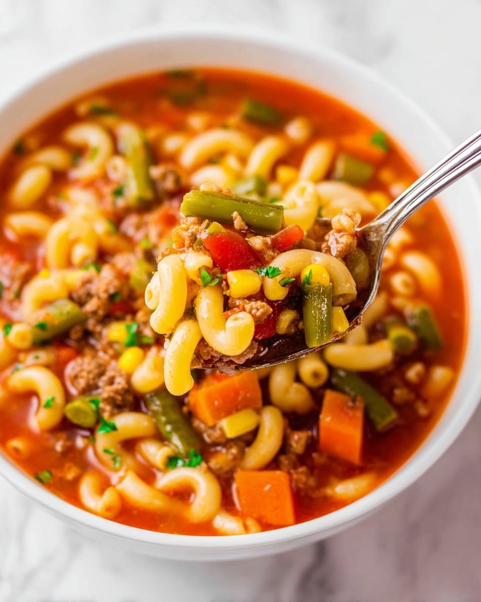 A close-up top view of a white round pot filled with beef and vegetable soup featuring chunky red tomato pieces, small yellow pasta tubes, bright yellow corn, green beans, small ground beef pieces, and sprinkled green herbs. A ladle inside the pot lifts a portion of the soup showing the same colorful mix of vegetables, pasta, and beef in a rich reddish broth. The pot rests on a white marbled surface, with a white cloth featuring orange flower prints partially visible on the side. Photo taken with an iphone --ar 4:5 --v 7