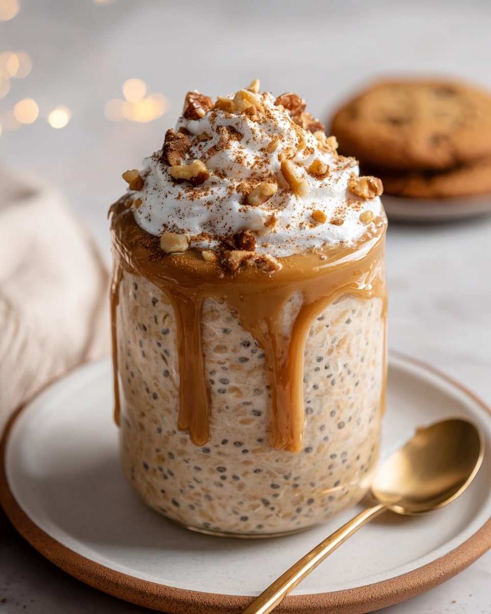 A clear glass jar filled with a thick beige mixture with small dark seeds, likely overnight oats, with creamy caramel sauce dripping down the sides near the top; topped with a fluffy white whipped cream layer sprinkled with chopped light brown nuts and a dash of cinnamon or cocoa powder. The jar sits on a white plate with a light brown rim, next to a gold spoon. In the blurred background, there is a single brown cookie, all placed on a white marbled surface. Photo taken with an iphone --ar 4:5 --v 7