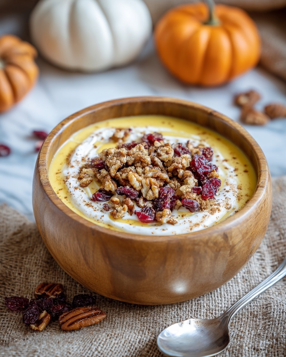 A bowl made of light brown wood holds a creamy yellow pumpkin-flavored dish that fills the bowl almost to the top. On the surface, there is a swirl of white cream spread across in the middle layer, topped with chunks of brown and cracked pecans mixed with deep red dried cranberries. The topping is sprinkled with fine bits of cinnamon or nutmeg, adding a speckled brown texture. The bowl sits on a piece of natural woven fabric placed over a white marbled textured surface, with a shiny silver spoon resting next to it. In the background, a small orange pumpkin and a white pumpkin blur softly. Photo taken with an iphone --ar 4:5 --v 7