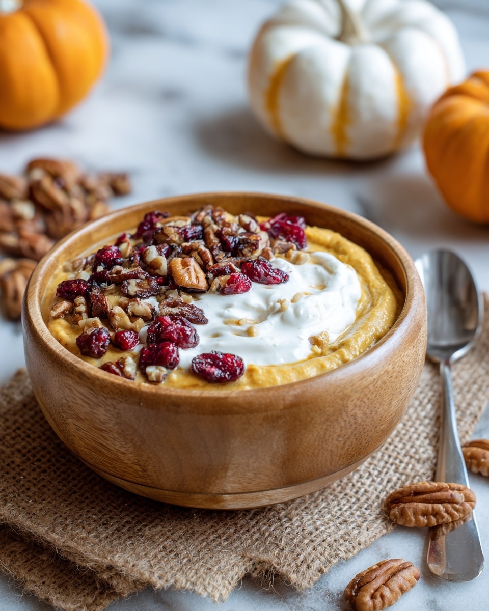A wooden bowl filled with three visible layers of food sits on a piece of burlap over a white marbled surface; the bottom layer is thick and creamy pumpkin-colored pudding, the middle layer is a swirl of white yogurt dolloped unevenly on top, and the top layer is a mix of dark brown chopped nuts and bright red dried cranberries scattered across. The bowl is surrounded by pecans and a silver spoon to the right, with blurred white and orange pumpkins in the background. Photo taken with an iphone --ar 4:5 --v 7