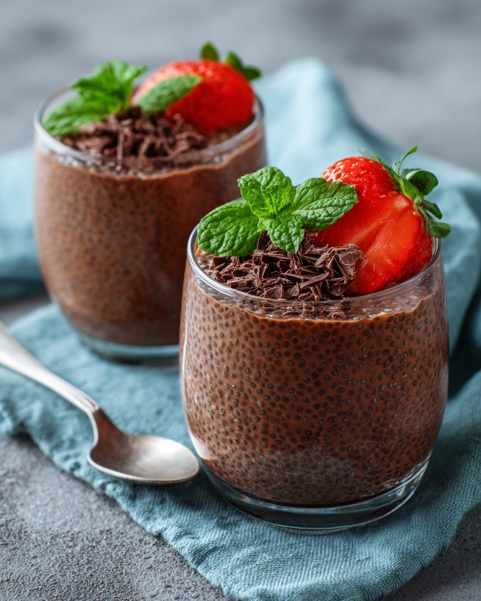 Two transparent glass cups filled with three layers of chocolate chia pudding, showing the textured small chia seeds evenly distributed throughout the dark brown pudding. Each cup is topped with a layer of dark chocolate shavings, a bright red strawberry, and fresh green mint leaves. The cups sit on a soft blue cloth that lays on a white marbled surface. A silver spoon lies beside the closest glass cup. Photo taken with an iphone --ar 4:5 --v 7