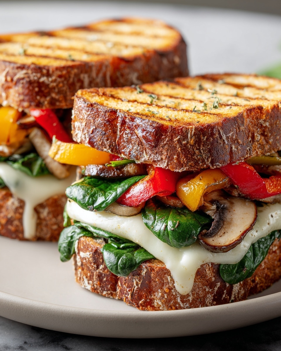Two sandwiches sit close together on a white plate over a white marbled surface, each sandwich made with two thick slices of toasted bread with visible seeds and a deep golden brown crust showing grill marks. Between the bread slices, layers include fresh dark green spinach leaves on the bottom, followed by a layer of melted white cheese that is soft and slightly dripped over the greens. Above the cheese, there are pieces of grilled red and yellow bell peppers along with grilled mushroom slices, topped again with more fresh green spinach. The sandwiches are tightly packed and look warm and fresh. photo taken with an iphone --ar 4:5 --v 7