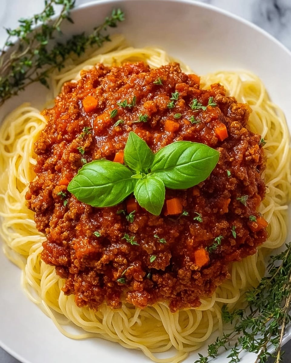 A white plate holds a neat circle of yellow cooked spaghetti forming the bottom layer, with thick red meat sauce containing chunks of ground beef and small bits of orange carrot piled on top in the middle. Some green herbs are sprinkled over the sauce and a fresh, bright green basil leaf with four leaves is placed on top at the center. A small bunch of green thyme lies to one side on a white marbled surface. photo taken with an iphone --ar 4:5 --v 7
