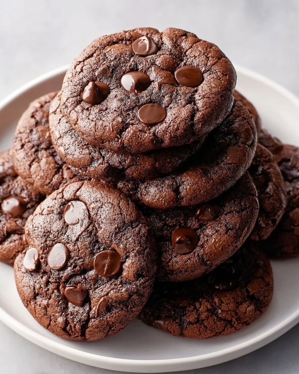 A white plate filled with a stack of seven round chocolate cookies, each cookie dark brown and textured with cracks and studded with several large, shiny chocolate chips scattered on the surface. The cookies overlap each other, creating a layered, cozy pile with a soft, chewy appearance. The plate sits on a white marbled surface, giving a clean and bright background. photo taken with an iphone --ar 4:5 --v 7