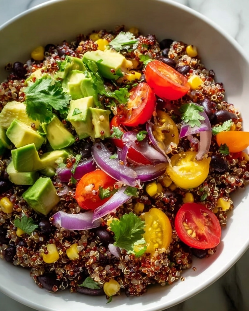 A close-up view of a white bowl filled with a colorful quinoa salad showing about four main layers: the base layer is dark and light red quinoa grains mixed together; scattered over this are black beans and small bright yellow corn pieces adding vibrant spots; next, layers of fresh, diced green avocado cubes, thin slices of purple-red onion, red bell pepper chunks, and halved red and yellow cherry tomatoes create a mix of colors and textures; the top layer is fresh green cilantro leaves placed around, adding a fresh touch. The bowl sits on a white marbled surface, with natural lighting highlighting the freshness and details of each ingredient. photo taken with an iphone --ar 4:5 --v 7