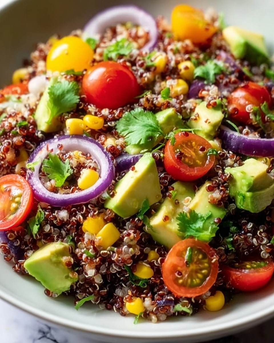 A close-up view of a colorful quinoa salad served in a white bowl on a white marbled surface, featuring a mix of small red and white quinoa grains as the base layer. Scattered throughout are pieces of vibrant yellow corn, chunks of bright green avocado, and sliced red bell peppers adding pops of color. Thin slices of purple onion and halved red and yellow cherry tomatoes sit on top, with small sprigs of fresh green cilantro leaves scattered as garnish. The textures range from soft quinoa to the creamy avocado and crunchy bell peppers, creating a fresh and vibrant look. Photo taken with an iphone --ar 4:5 --v 7