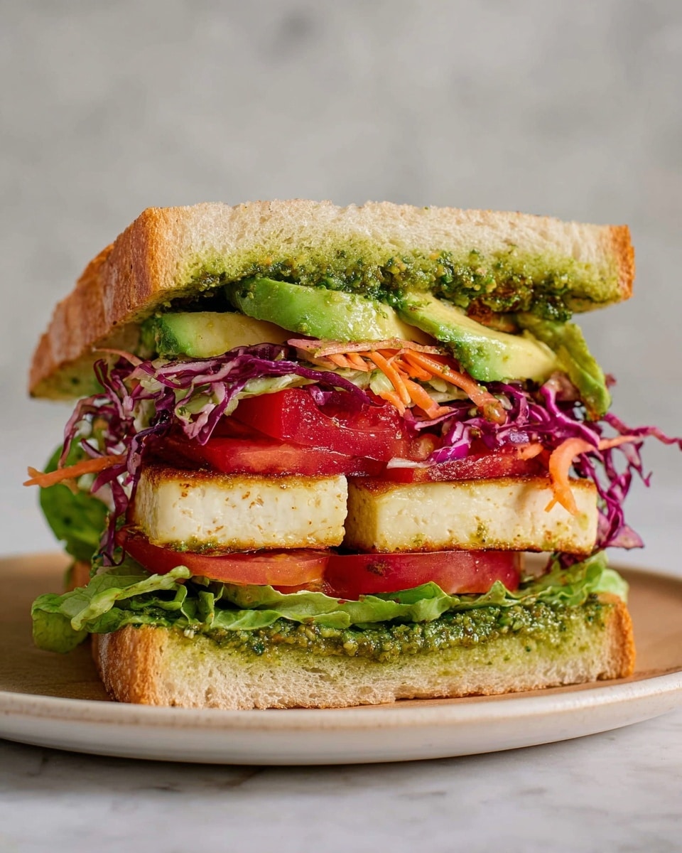 The image shows a sandwich with five layers inside soft, lightly toasted bread. The bottom bread slice is spread with a thick, green pesto sauce. On top of that is a layer of bright green leafy lettuce. The third layer is a thick, grilled white tofu square with a golden crust. Above that, there are two thick slices of red tomato and some slices of green avocado. The top layer is made of thin, shredded purple cabbage mixed with some orange carrot shreds, with a little more green pesto spread on the upper bread slice. The sandwich sits on a white plate on a white marbled surface. photo taken with an iphone --ar 4:5 --v 7