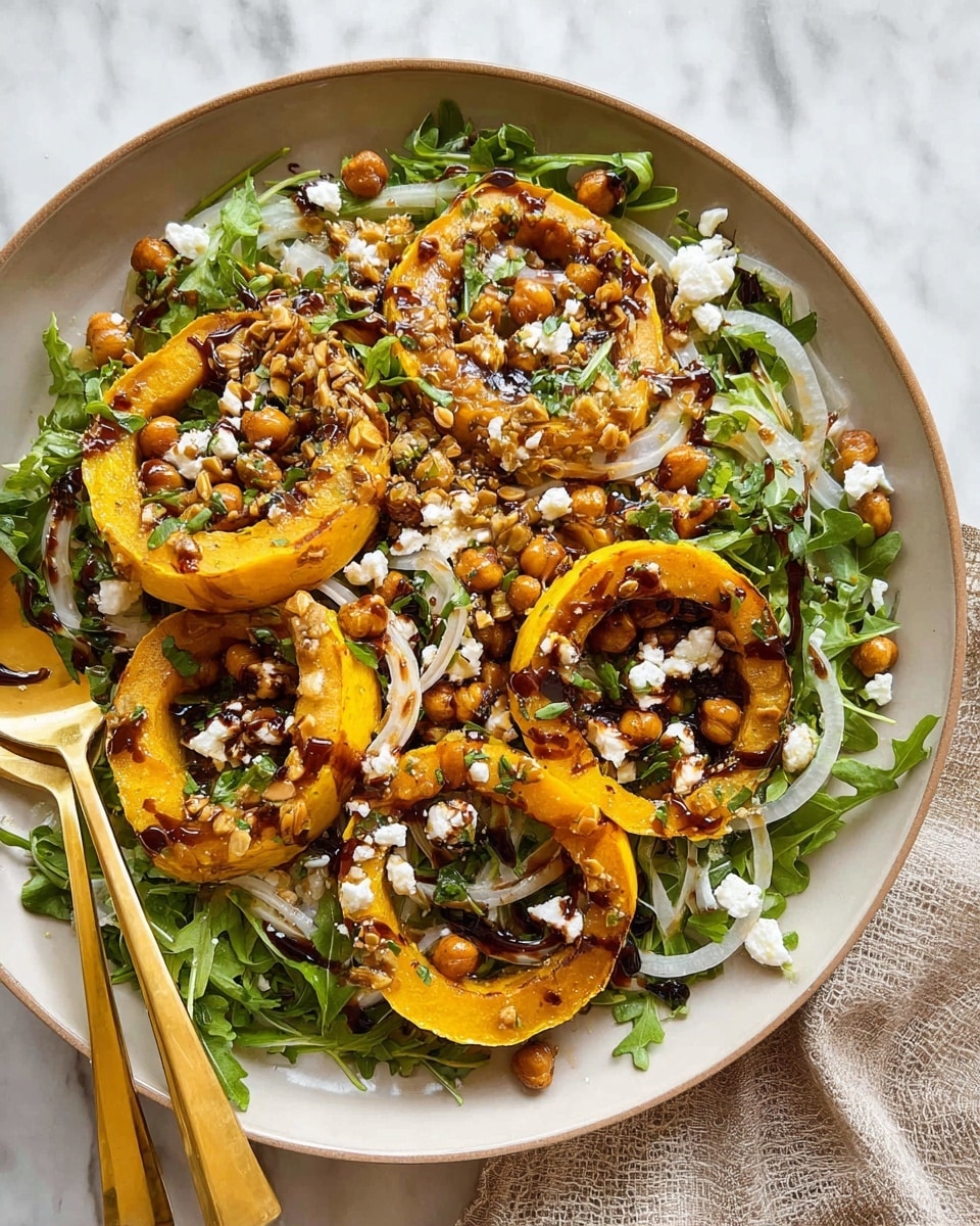 A round white plate holds a fresh salad with several layers: the bottom layer is light green leafy arugula and herbs, mixed with thin white onion slices; on top of that are five large golden roasted squash slices spread evenly; sprinkled over are roasted pumpkin seeds and chickpeas, both brown and crunchy looking; scattered white crumbled cheese adds brightness, and everything is drizzled with a dark, glossy dressing that pools slightly on the squash. The plate rests on a white marbled surface, and a gold fork and spoon are positioned on the left side, partially in the dish. photo taken with an iphone --ar 4:5 --v 7
