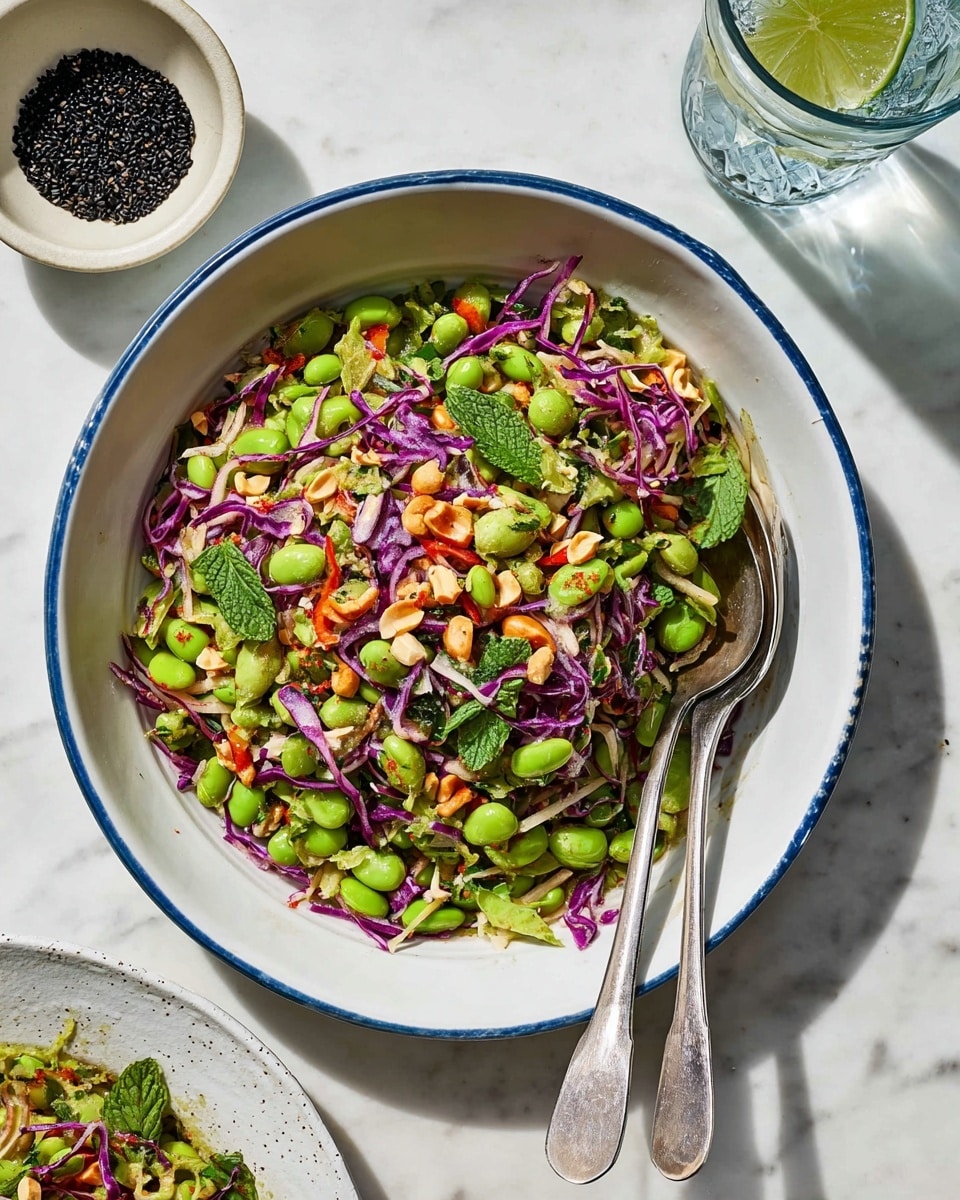 A bowl filled with a colorful salad made of three main layers: the bottom layer is light green edamame beans with a smooth texture, the middle layer is thin, shredded purple cabbage adding a vibrant contrast, and the top layer has scattered fresh green cilantro and mint leaves. Small pieces of chopped nuts and black sesame seeds are sprinkled throughout, adding texture and detail. A silver spoon rests inside the bowl on the right side. The bowl is white with a light brown rim and sits on a white marbled surface. A white sauce jug is partially visible in the top right corner, and green herbs are off to the side. Photo taken with an iphone --ar 4:5 --v 7