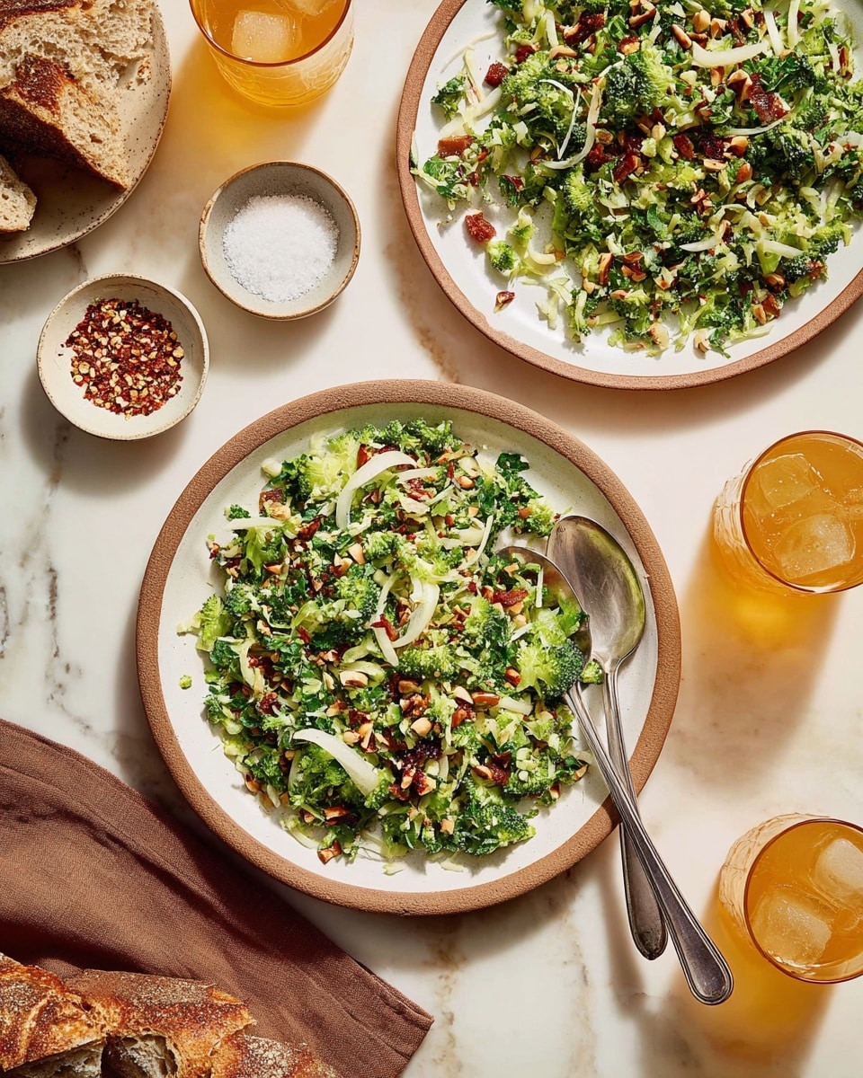 The image shows a fresh vegetable dish served on two large white plates with a brown rim. The dish has three main layers: a base of finely chopped green broccoli, scattered thin white onion slices, and accents of chopped red chili peppers, all mixed with finely chopped nuts and herbs that add texture and a mix of green, red, and light brown colors. A silver spoon rests on the plate in the foreground, which is placed on a white marbled surface. Around the plates are two glasses of iced orange-colored drink, a small white bowl with red chili flakes, another small white bowl with white seasoning, and a white plate holding pieces of crusty brown bread. A brown cloth napkin is slightly visible at the edge. Photo taken with an iphone --ar 4:5 --v 7