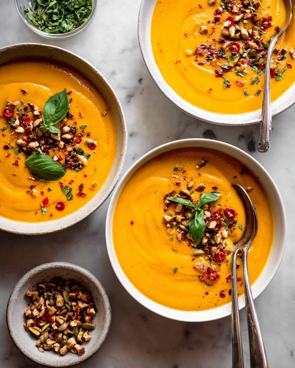 Three white bowls filled with creamy, smooth orange soup sit atop a white marbled texture. Each bowl has a thick layer of the bright orange soup with a slightly glossy texture. On top of the soup is a generous garnish made of small chunks of light brown nuts, green pumpkin seeds, and finely chopped red chili pieces spread mainly on one side of the bowl. Small green basil leaves are scattered over the garnish, adding fresh color. Two bowls have silver spoons partially dipped inside the soup, with one spoon scooping a bit of soup. Nearby, a small white bowl holds more of the chopped nut and chili topping, and another small bowl contains fresh green herbs. Photo taken with an iphone --ar 4:5 --v 7