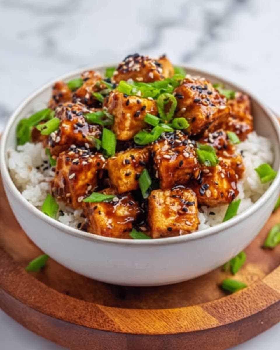 A white bowl filled with two layers: the bottom layer is plain white rice with a soft texture, and the top layer is a mix of golden-brown tofu cubes coated in a glossy, sticky sauce. The tofu is garnished with chopped green onions and sprinkled with black and white sesame seeds, adding visual contrast. The bowl rests on a round wooden board, and the background is a white marbled texture. Photo taken with an iphone --ar 4:5 --v 7