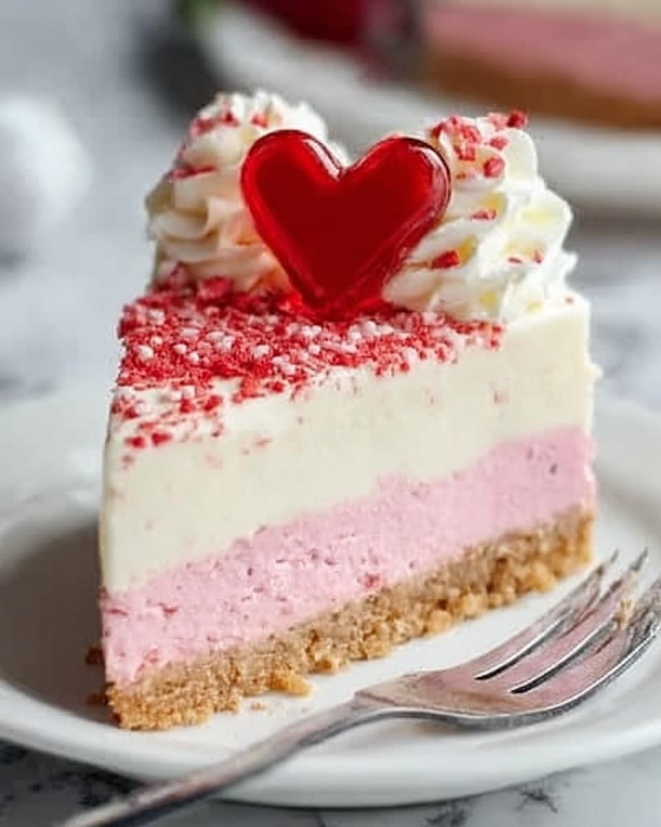 A slice of layered cake on a white plate with a crumbly light brown base layer, topped by a thick pink creamy layer with a smooth texture, followed by a thick white creamy top layer. On top of the cake are two white whipped cream swirls sprinkled with small red crumbs and decorated with a shiny red heart-shaped candy in the center. The background is a white marbled surface with a metal fork placed near the slice. Photo taken with an iphone --ar 4:5 --v 7