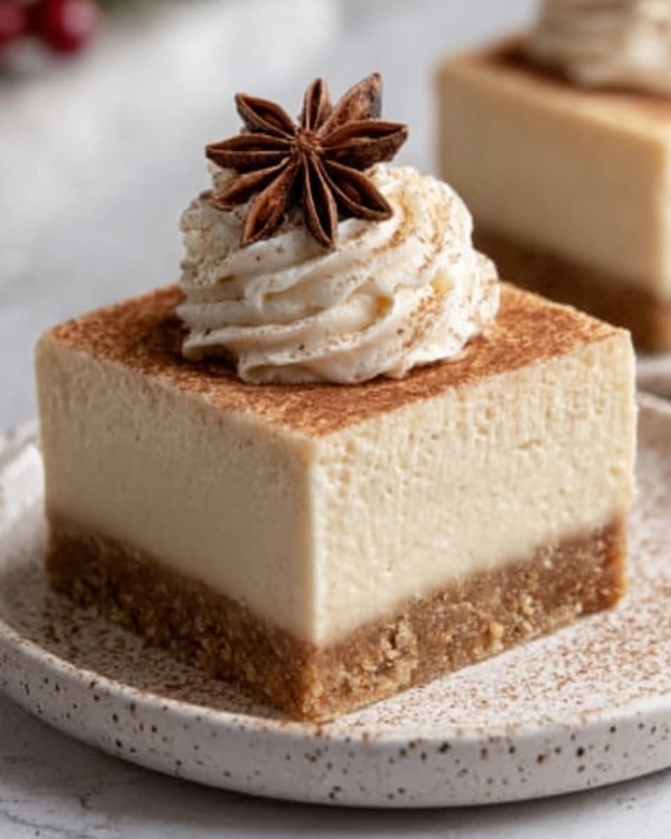 A square piece of creamy cheesecake with three clear layers sits on a white plate with light brown speckles. The bottom layer is a thin, crumbly brown crust. The middle layer is thick and smooth, light cream color. The top layer is slightly dusted with cinnamon or cocoa powder. On top, there is a swirl of white whipped cream, topped with a single brown star anise. The background is a white marbled texture. photo taken with an iphone --ar 4:5 --v 7