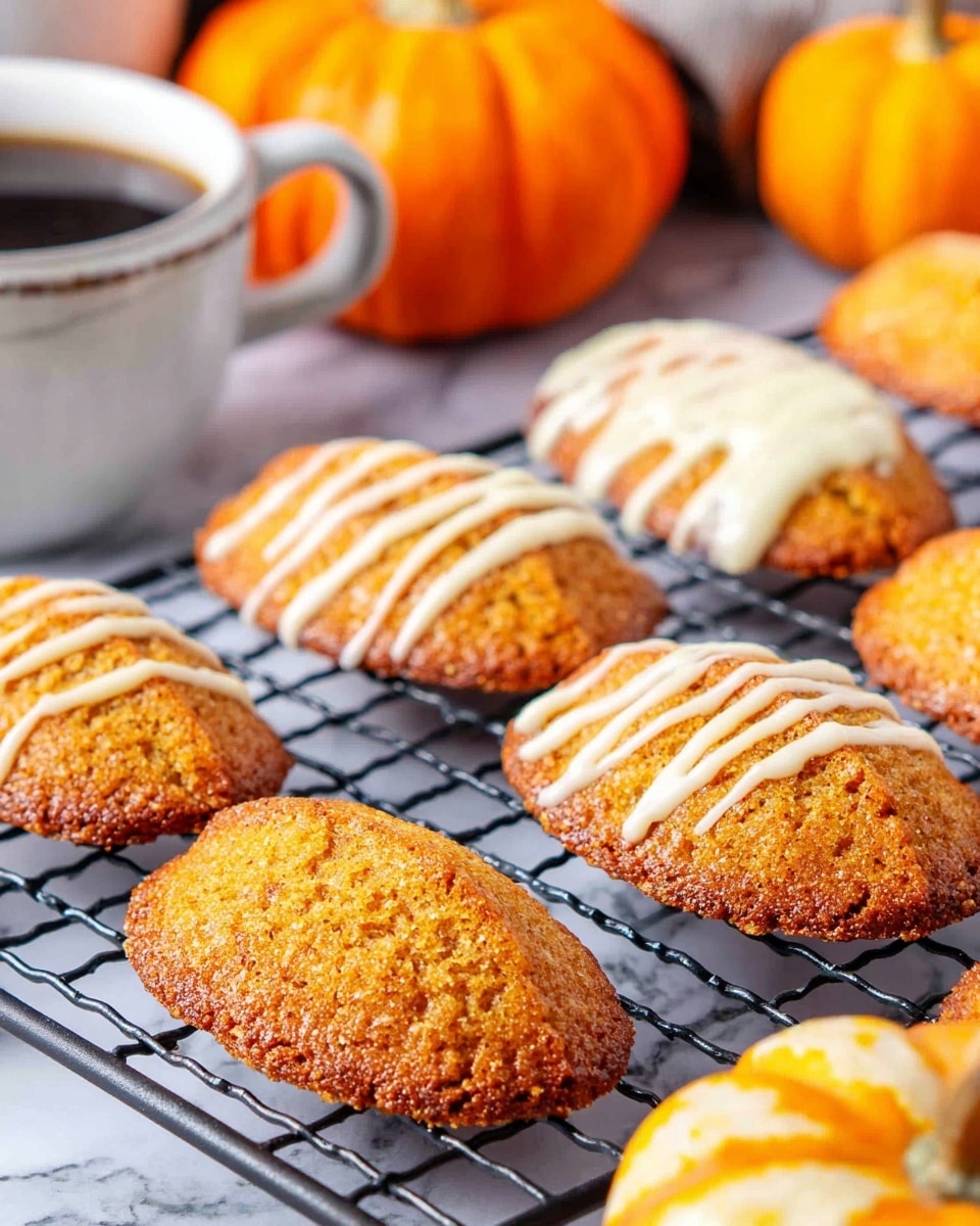 A gray baking tray holds eight golden brown madeleine cakes, each one with a shell-like ridged texture and light drizzles of white icing on top. The cakes have slightly darker, crisp edges and a soft, porous surface. The tray sits on a white marbled texture with a colorful plaid cloth partially visible in the bottom left corner. In the background, a white cup filled with dark coffee and a white jar with a creamy sauce add a cozy touch. Photo taken with an iphone --ar 4:5 --v 7