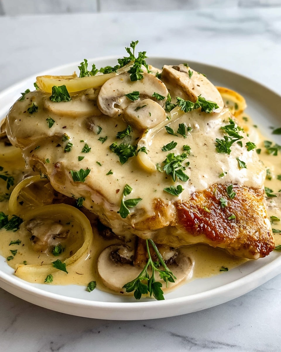 A white plate holds several golden-brown cooked pork chops stacked unevenly, covered in a creamy beige mushroom sauce with visible mushroom slices and onion rings. Small bright green parsley leaves are sprinkled on top and around the sauce, adding a fresh contrast. The sauce is thick and smooth, spilling gently over the pork edges. The plate sits on a white marbled surface, and a few black pepper specks are scattered around the dish. photo taken with an iphone --ar 4:5 --v 7