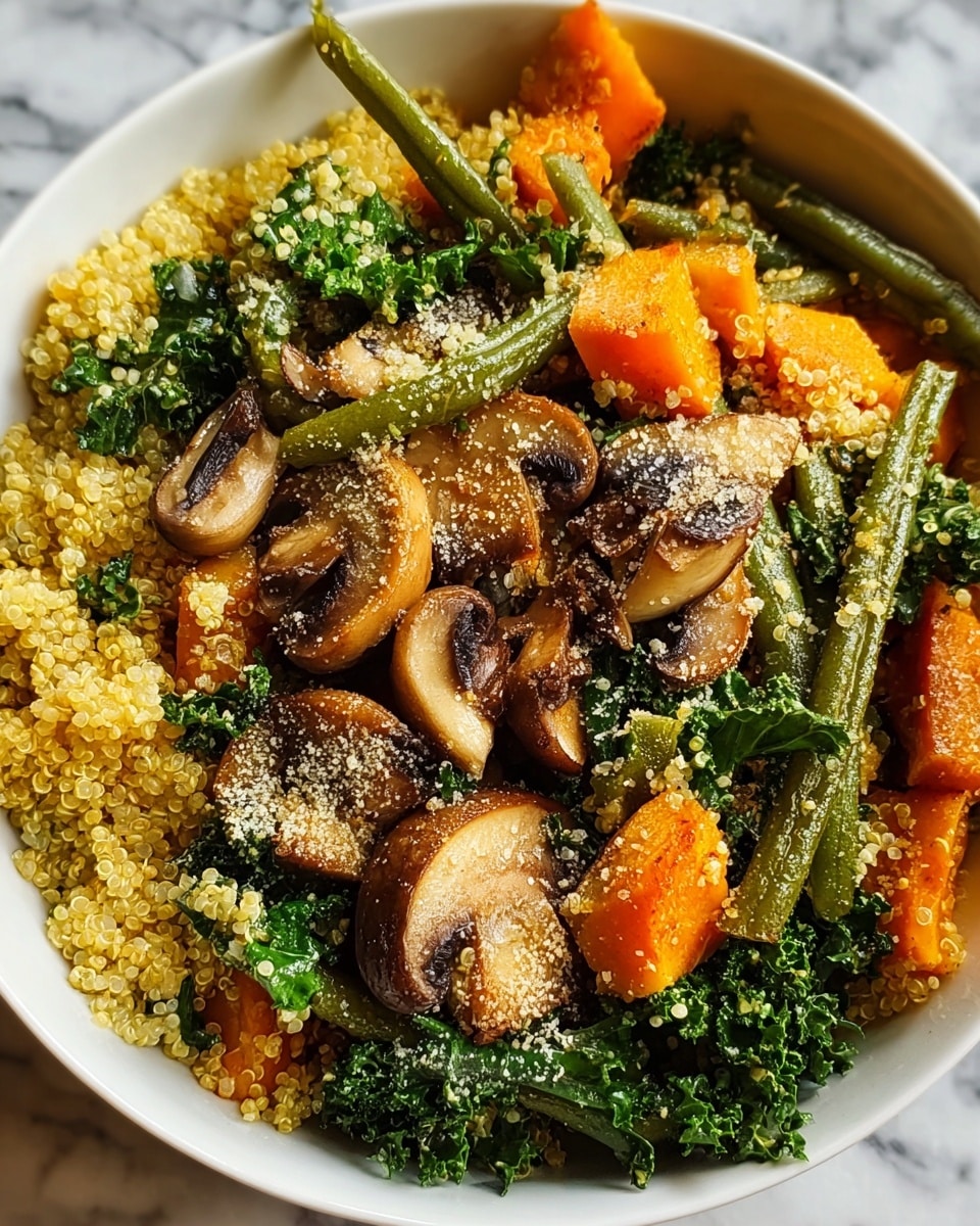 A close-up view of a white bowl filled with a colorful quinoa salad, showing a mix of three main layers: the base layer is light yellow fluffy quinoa grains with a slightly translucent look; scattered throughout are bright orange carrot chunks with smooth texture, dark green leaves of kale with a rough, curly look, and long green beans with a smooth surface; on top are sliced brown mushrooms with a shiny, cooked appearance and a light sprinkle of white powdery seasoning, all against a white marbled surface background, photo taken with an iphone --ar 4:5 --v 7