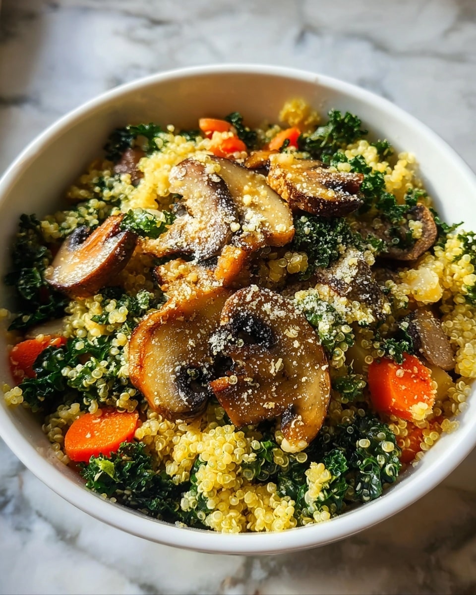 The image shows a white bowl filled with a colorful quinoa dish on a white marbled surface. The dish has three main layers visible: the base layer is fluffy, small yellow quinoa grains scattered throughout. Mixed with quinoa are bright green kale pieces that add texture and a few vibrant orange carrot chunks for color. On top, there are brownish cooked mushroom slices with a slightly crispy texture and a light sprinkle of grated cheese or seasoning. The bowl is full and the ingredients look fresh and vibrant, catching warm natural light. photo taken with an iphone --ar 4:5 --v 7