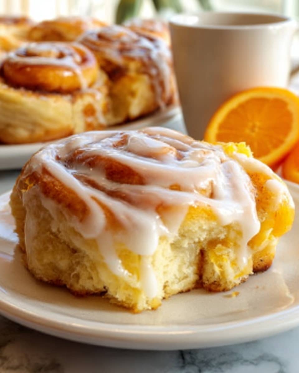 Three cinnamon rolls with a soft, golden-brown dough base sit on a white plate. Each roll is thick and fluffy with a visible swirl of bright yellow-orange filling inside, likely cheese or custard, and they are topped with a shiny glaze. White icing is drizzled over the top in thin, uneven lines, adding a smooth texture contrast. The plate rests on a white marbled surface, and the light from the window softly lights the rolls, highlighting their warm, inviting colors. photo taken with an iphone --ar 4:5 --v 7