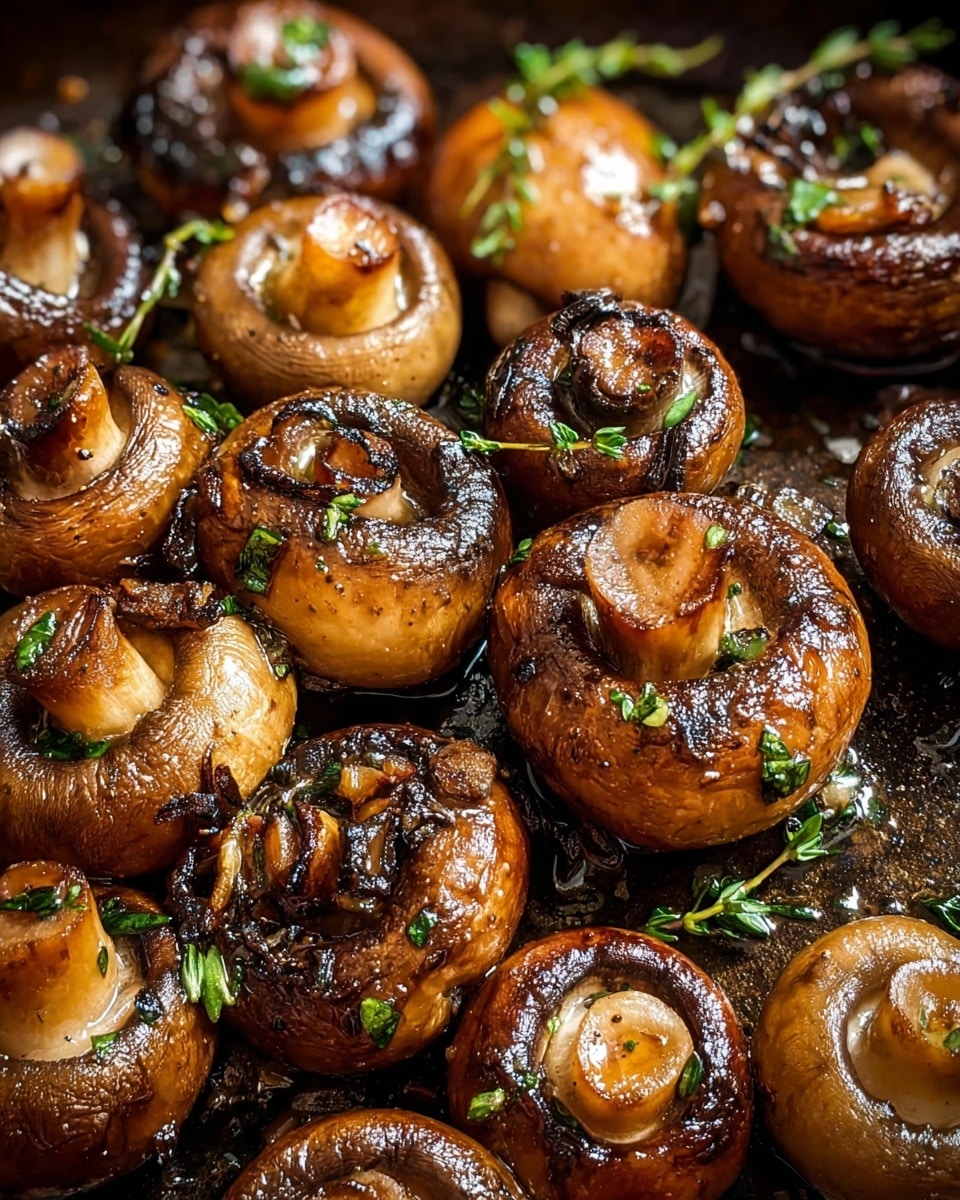 The image shows many cooked mushrooms, each whole with a short thick stem, sitting close together on a dark pan. The mushrooms are golden brown with some parts darker and slightly charred, their shiny surfaces glistening with oil and herbs. Small bits of green herbs are sprinkled across the mushrooms, adding a fresh contrast to the rich brown color. The texture looks soft and juicy, with some mushrooms showing caramelized edges that add depth to their look. photo taken with an iphone --ar 4:5 --v 7