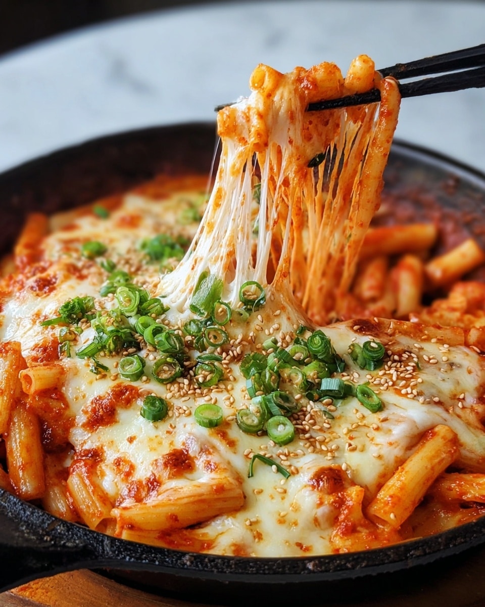 The image shows a skillet filled with about three layers of food: a bottom layer of rich red-orange sauce, a middle layer of tube-shaped pasta covered in melted, stretchy white cheese, and a top layer of fresh green chopped herbs lightly scattered across. A pair of black chopsticks lifts some pasta and cheese from the center, stretching the gooey cheese upwards with the pasta holding its shape well. The skillet sits on a white marbled surface. photo taken with an iphone --ar 4:5 --v 7