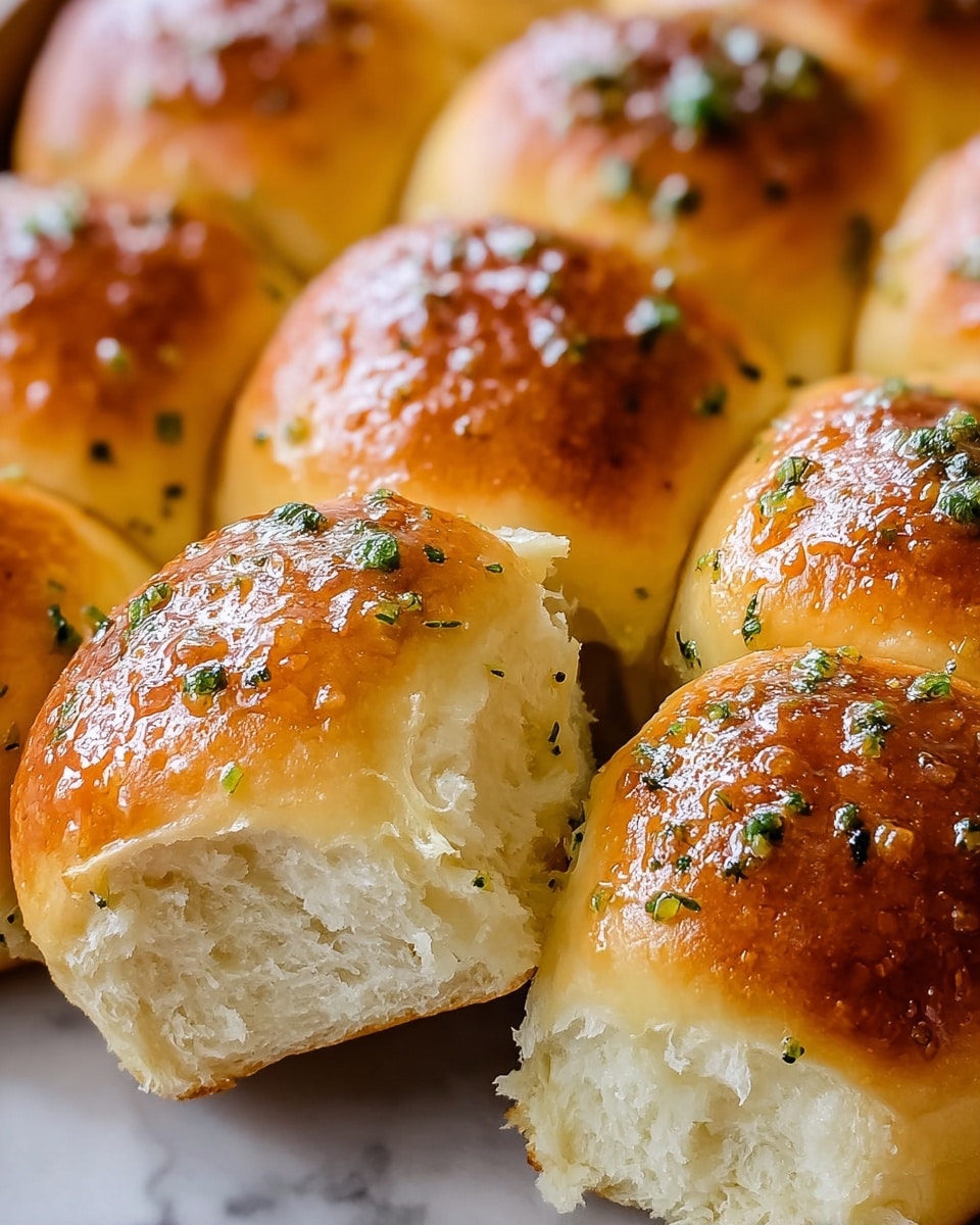A close-up view shows a group of soft, golden brown dinner rolls touching each other on a white marbled surface, each topped with a shiny glaze and sprinkled with small pieces of green herbs and bits of garlic. One roll in the center is gently pulled away, revealing a fluffy, white inside with a light, airy texture. The rolls have a smooth, slightly browned top with a few tiny bubbles and a moist appearance. photo taken with an iphone --ar 4:5 --v 7