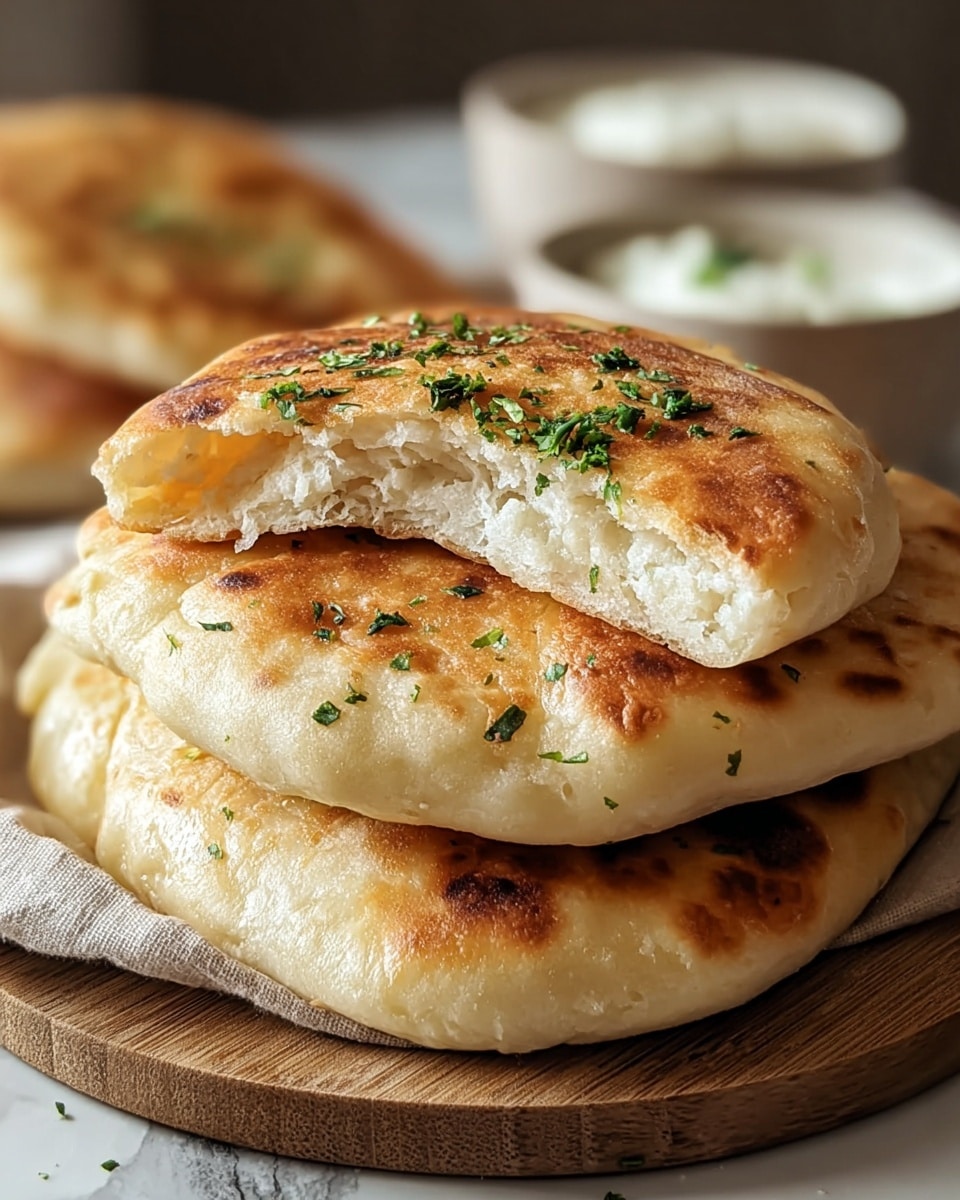 The image shows a close-up of three golden-brown stuffed flatbreads stacked on a round white plate. Each flatbread has a slightly puffed texture with a browned, crispy surface sprinkled with small green herb flakes on top. The middle flatbread is slightly lifted, revealing the soft and layered dough inside, which is pale and fluffy. The plate is placed on a white marbled surface with a blurred light cloth nearby, giving a warm and cozy feeling. photo taken with an iphone --ar 4:5 --v 7