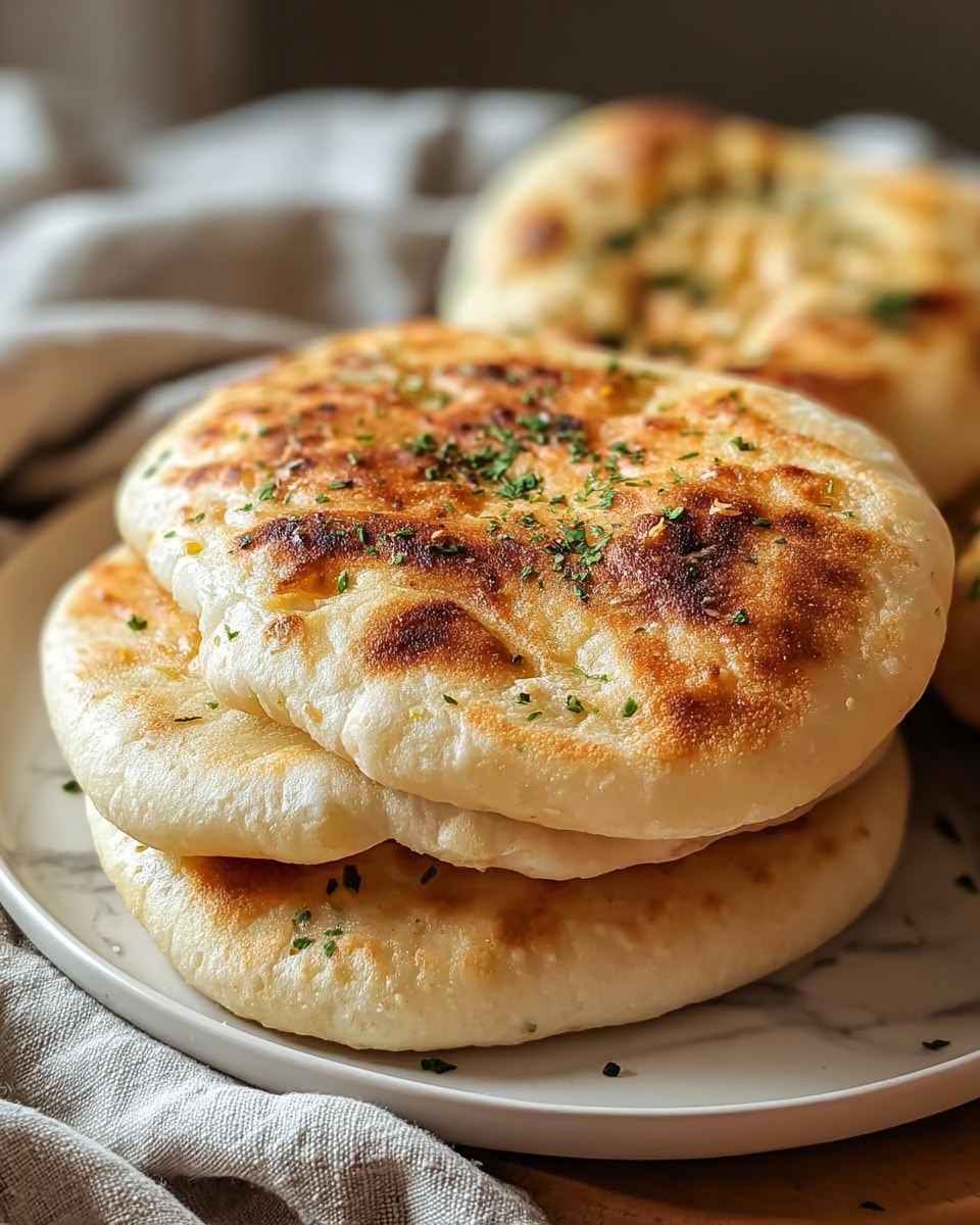 The image shows a stack of three golden-brown stuffed flatbreads on a wooden board, each flatbread slightly puffed with a soft, thick texture. The top flatbread is cut in half to reveal its fluffy white interior, with a light sprinkle of green herbs on top adding a touch of color. The flatbreads have a crispy, browned surface with uneven spots, and the background features two blurred bowls, one with a white creamy dip, all set on a white marbled texture. photo taken with an iphone --ar 4:5 --v 7