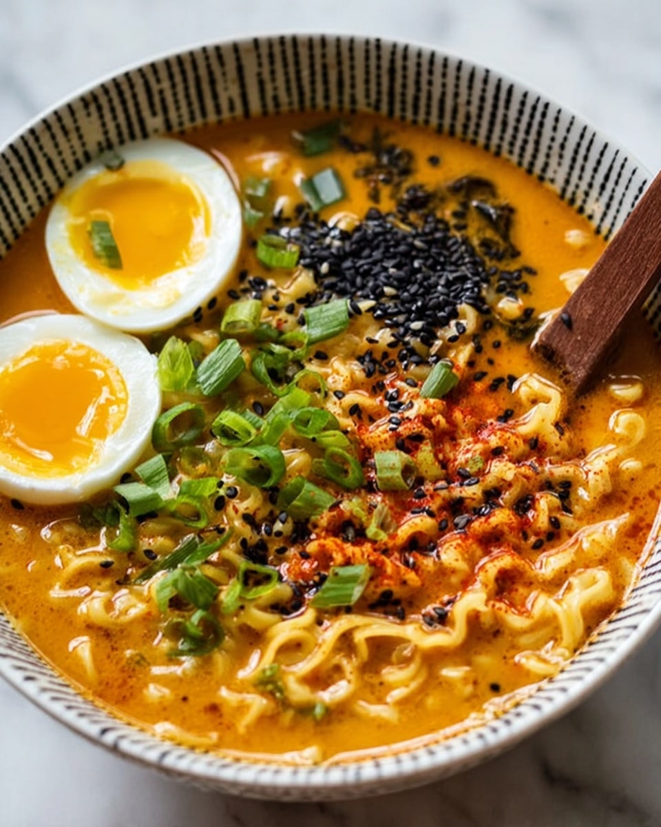 A white bowl filled with creamy light orange broth and yellow curly noodles swirled at the bottom. Two halves of a soft-boiled egg with bright orange yolks and white edges sit on the left side sprinkled with black and white sesame seeds. In the center, green onion pieces are scattered on a thick golden-brown slice, likely tofu or meat, with textured black sesame seeds and chili flakes sprinkled around. At the top right, there is a dark seaweed sheet partially submerged in broth with wooden chopsticks resting on the bowl’s edge. The bowl is placed on a white marbled surface. Photo taken with an iphone --ar 4:5 --v 7