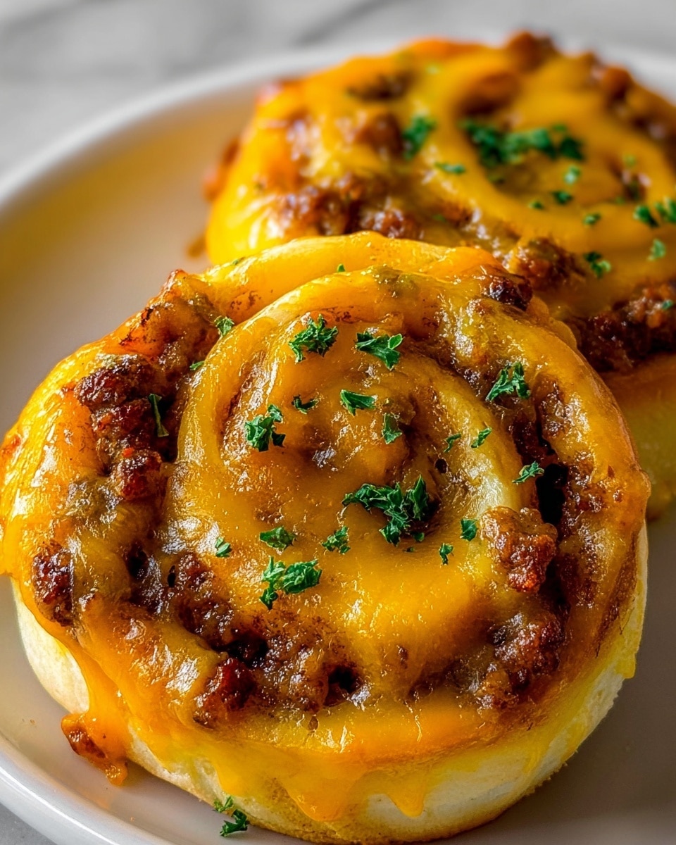 Two golden brown, swirled rolls sit on a white plate placed on a white marbled surface. Each roll has a visible spiral shape made of soft, fluffy dough layered with browned, crumbled sausage and melted, glossy yellow cheddar cheese covering the top. Small bright green parsley flakes are sprinkled over the cheese, adding a pop of fresh color. The cheese has a slightly shiny, smooth texture that contrasts with the rough, crumbly sausage bits nestled within the rolls. photo taken with an iphone --ar 4:5 --v 7