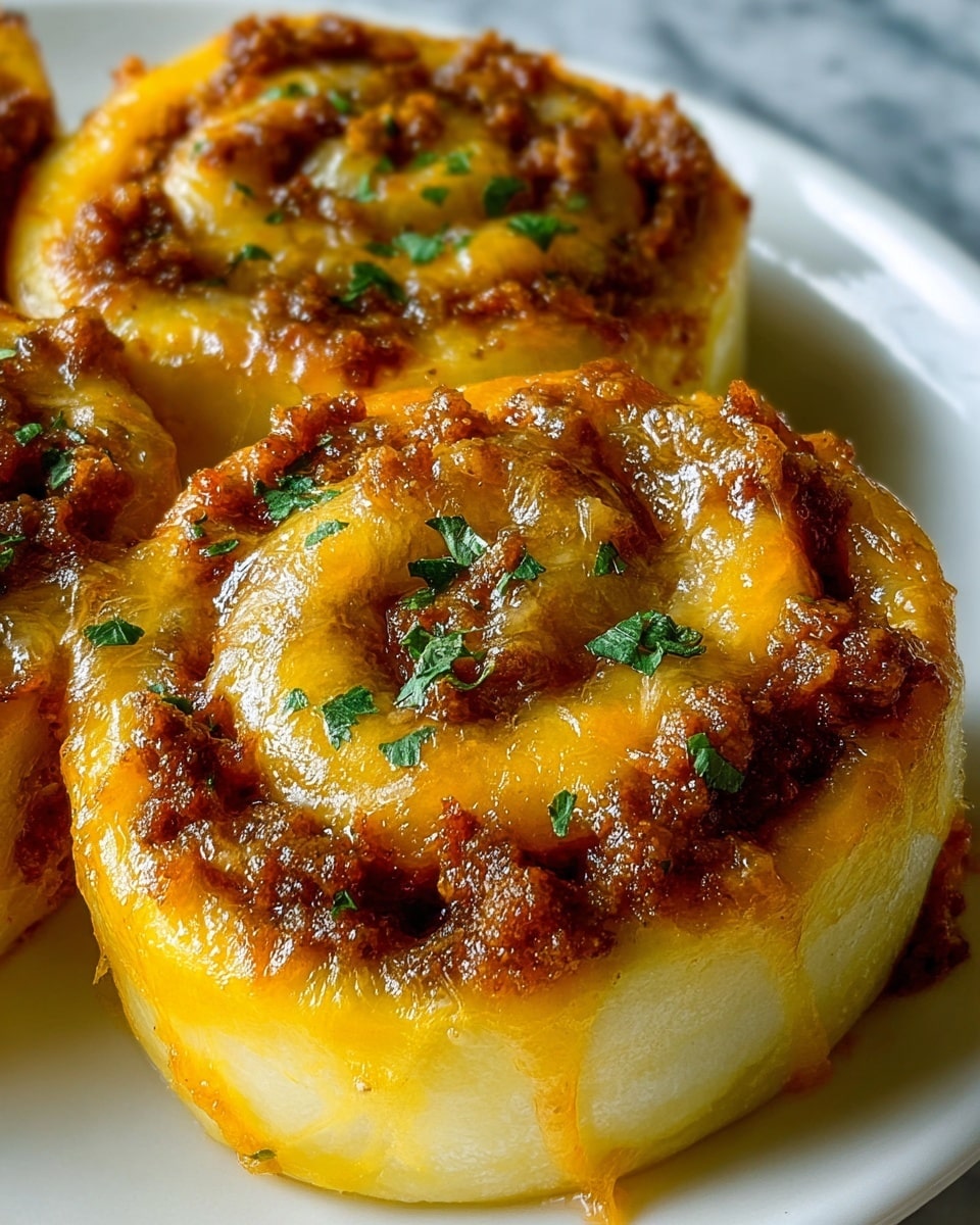 A close-up view of three savory rolls placed closely together on a white plate, each roll showing spiral layers. The outer layer is light yellow with a slightly glossy, smooth texture. The inner layers feature a rich, brown meat filling with a crumbly and juicy texture, topped with melted golden-yellow cheese that glistens under the light. Small pieces of green herbs are sprinkled on top, adding a fresh contrast to the rich colors. The edges of the cheese are slightly browned, showing a mix of crispy and gooey textures. The background and surface have a white marbled texture. photo taken with an iphone --ar 4:5 --v 7