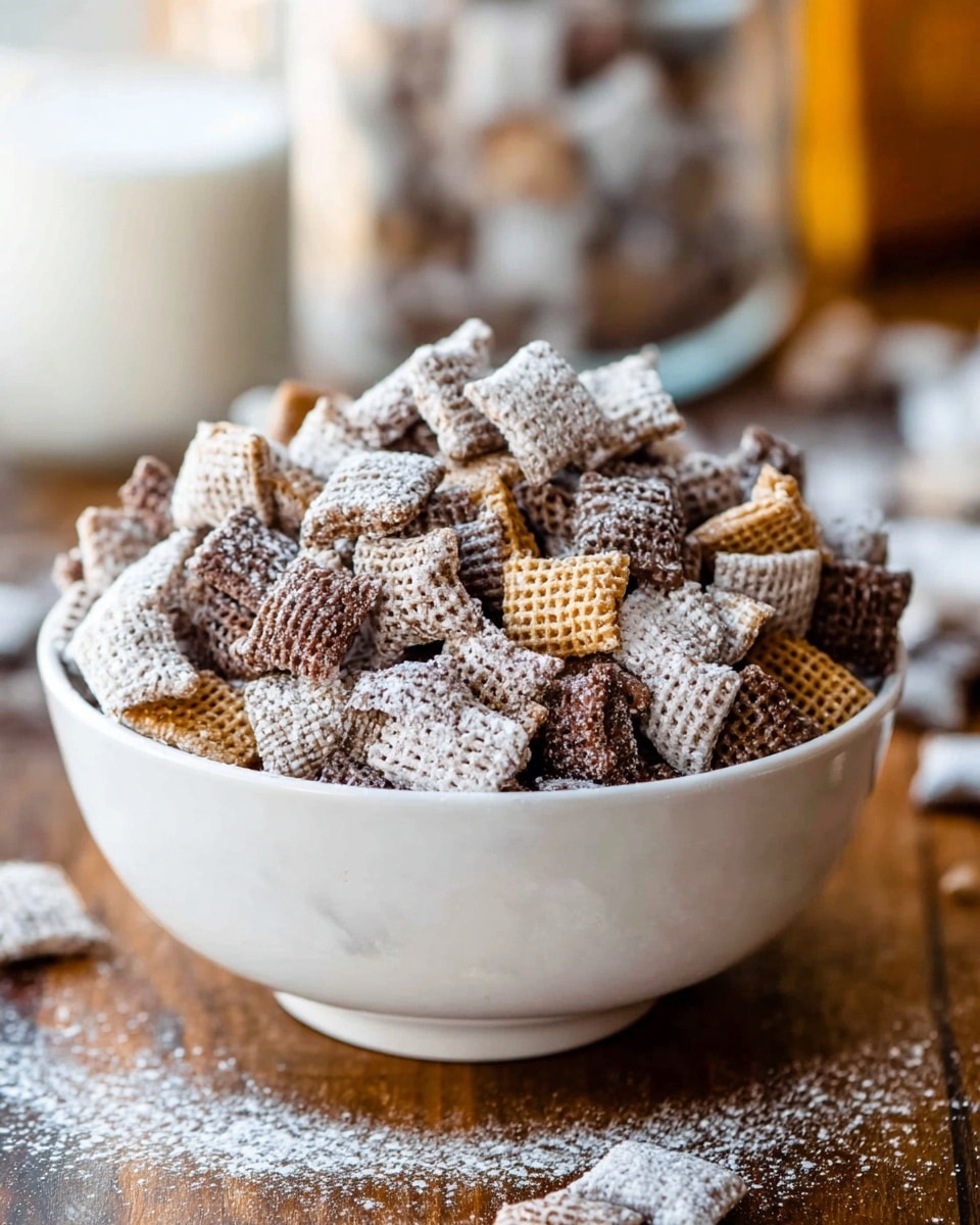 A large white bowl is filled with a mixture of small square cereal pieces and round nut clusters, all coated heavily with white powdered sugar creating a snowy effect. The cereal pieces have a light brown color beneath the sugar, showing a grid pattern texture, while the nut clusters appear darker brown and glossy under the powdered sugar. The bowl sits on a surface with a white marbled texture, with some of the mixture spilled around it. In the background, there is a large yellow mug and a white glass, both softly blurred, adding a cozy feeling to the scene. A folded mustard yellow cloth is placed near the bowl, adding a warm contrast. The lighting is soft and natural, emphasizing the texture of the powdered sugar and the mix. Photo taken with an iphone --ar 4:5 --v 7