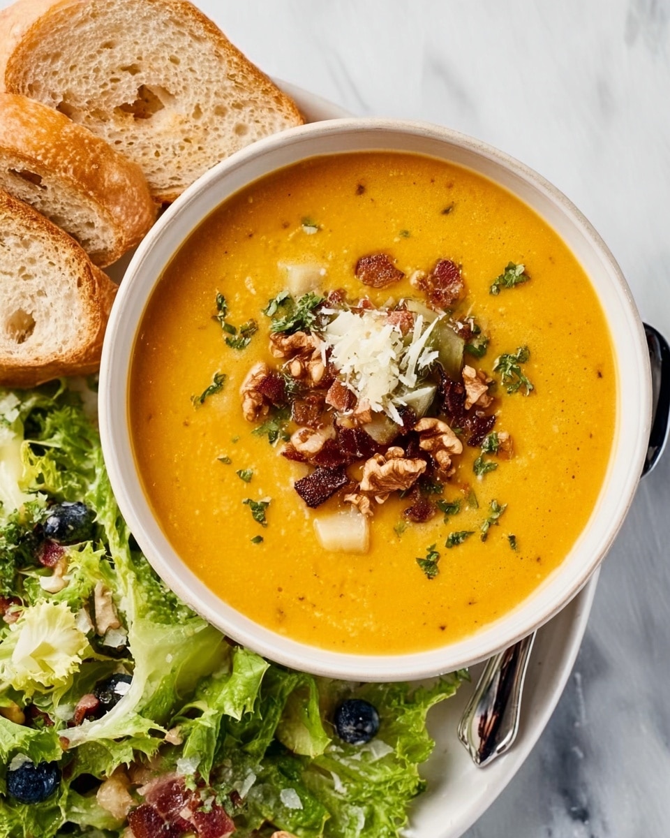 A white bowl filled with a thick, smooth orange soup, topped with a layer of crispy brown bacon pieces and crunchy walnuts in the center, scattered with green herbs and thinly shaved pale yellow cheese on top. To the right of the bowl, there is a white plate holding light green leafy salad mixed with blueberries, small bacon bits, and cheese shavings, along with two slices of toasted white bread placed at the back. The setting is on a white marbled surface. photo taken with an iphone --ar 4:5 --v 7