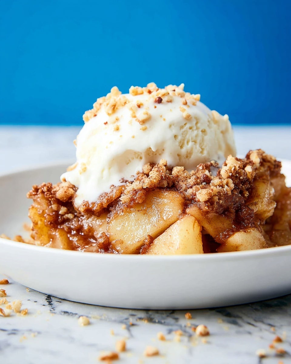 A close-up view of a white bowl filled with a warm apple crumble dessert held by a pair of woman's hands. The dessert has three main layers: the bottom layer shows soft apple slices in light golden color with a slightly shiny texture, the middle layer is a thick, crumbly brown topping with bits of walnut embedded in it, and the top layer is a dollop of creamy white ice cream sprinkled with small pieces of chopped walnuts. The whole scene is set against a white marbled texture in the background, highlighting the rich textures and colors of the dish. photo taken with an iphone --ar 4:5 --v 7