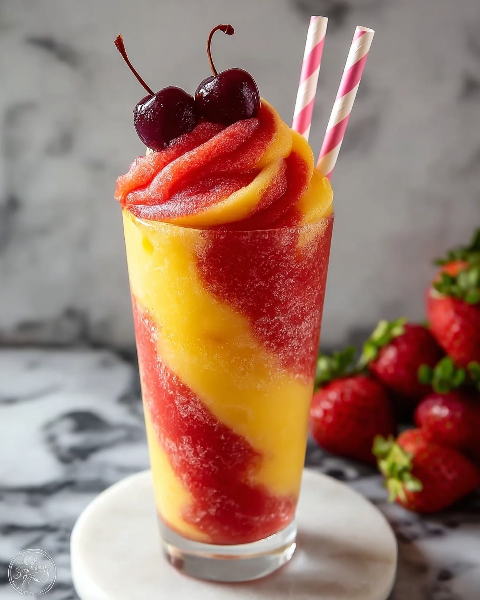 A tall clear glass holds three thick layers of smooth frozen slush, swirled diagonally in yellow and deep red colors, creating a candy-cane stripe effect from bottom to top. The swirl ends in a tall soft-serve shape with a red raspberry and a deep-red berry sugar-coated on top. Two pink and white striped paper straws are placed on the right side of the glass's rim. The glass stands on a white marbled surface, with three fresh raspberries placed near its base and blurred red strawberries in the background. Photo taken with an iphone --ar 4:5 --v 7
