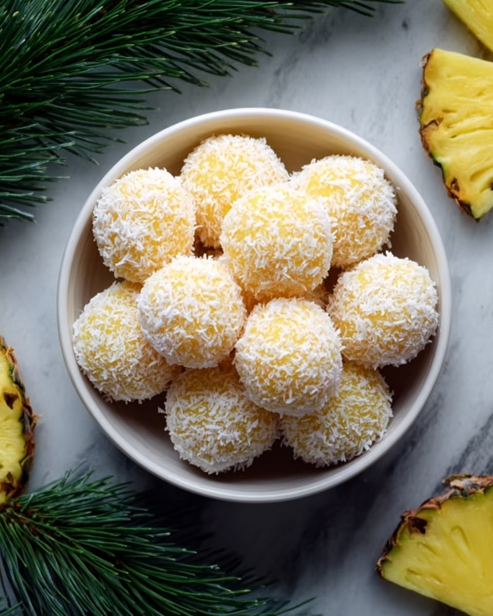 A white plate filled with round yellowish balls covered evenly with shredded white coconut flakes, the balls are arranged in a pyramid shape with one ball on top and several stacked below, resting on a white marbled surface with some scattered coconut flakes around the plate, soft warm light coming from the upper left with blurred festive golden round decorations in the background. photo taken with an iphone --ar 4:5 --v 7