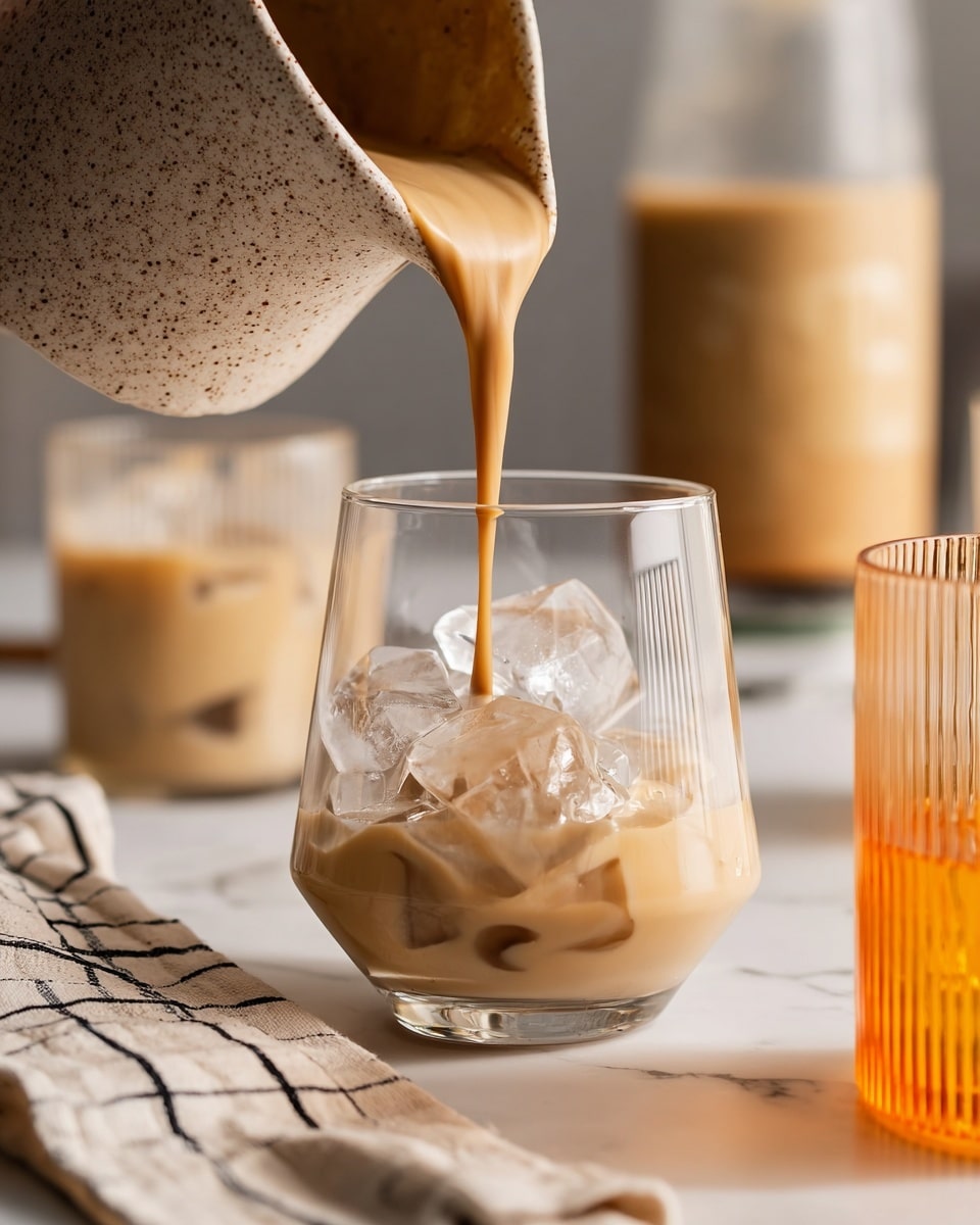 A close-up of creamy beige liquid being poured from a speckled beige ceramic pitcher into a clear glass filled with large clear ice cubes, resting on a white marbled surface. Around the glass, there is a folded beige cloth with black grid lines on the left and a small ribbed clear glass with a bright orange liquid on the right. In the background, blurred drinks with similar creamy beige color are visible, adding depth to the scene with soft natural lighting. photo taken with an iphone --ar 4:5 --v 7