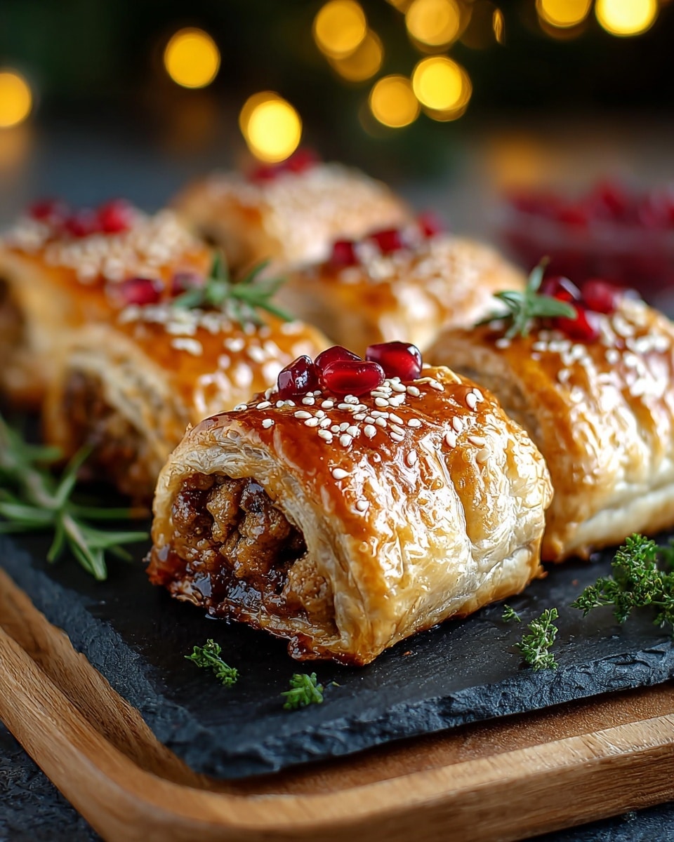 The image shows golden-brown pastry rolls with a shiny, glazed top sprinkled with white sesame seeds. Each roll is filled with a chunky, browned meat mixture visible from the open ends. On top of the rolls, there are small red pomegranate seeds and green rosemary sprigs for garnish. The pastries are placed on a black slate board, which sits on a wooden tray. The background has warm, soft yellow lights blurred out and some fresh herbs scattered around. photo taken with an iphone --ar 4:5 --v 7