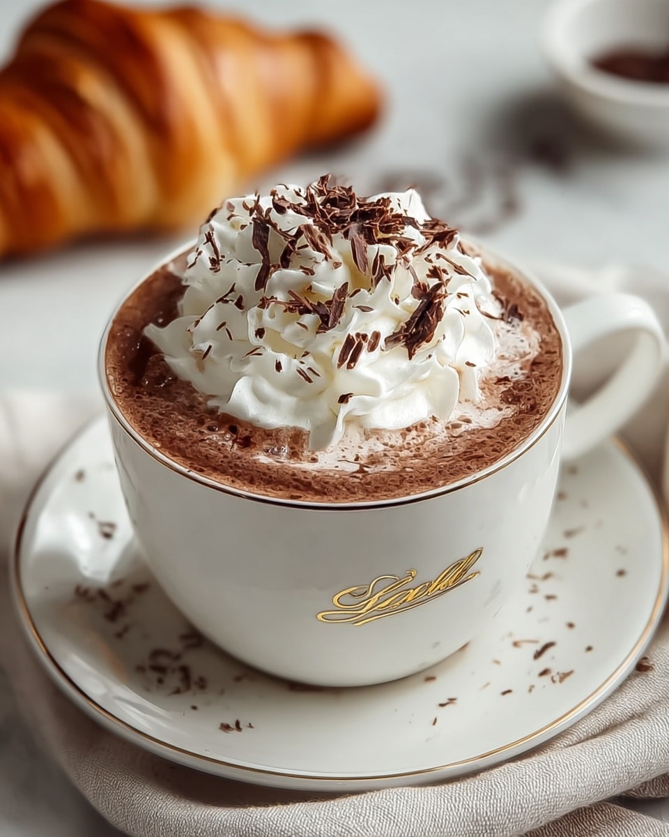 A close-up of a white porcelain cup with gold detailing, filled almost to the top with dark brown hot chocolate. On the top, there is a large swirl of white whipped cream sprinkled with small bits of golden and brown powder. The cup sits on a matching white saucer with gold patterns. In the blurred background, there is a croissant on a white plate and a white marbled surface beneath them. photo taken with an iphone --ar 4:5 --v 7