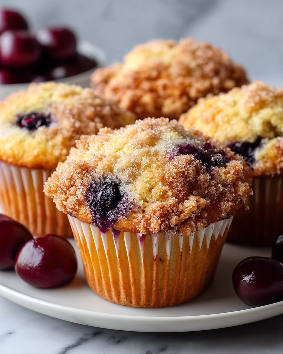 A close-up of blueberry muffins arranged on a white marbled surface, each muffin featuring a golden-brown baked base with visible purple blueberry spots within the soft texture, topped with a crumbly streusel layer sprinkled with sugar crystals; a single dark red cherry is placed on top center of each muffin, adding a glossy, smooth finish; in the foreground, two cherries rest casually on the white marbled surface, enhancing the fresh look. photo taken with an iphone --ar 4:5 --v 7